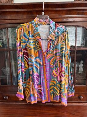 Haute Hippie Multicolor Tropical-Leaf Button Down Shirt